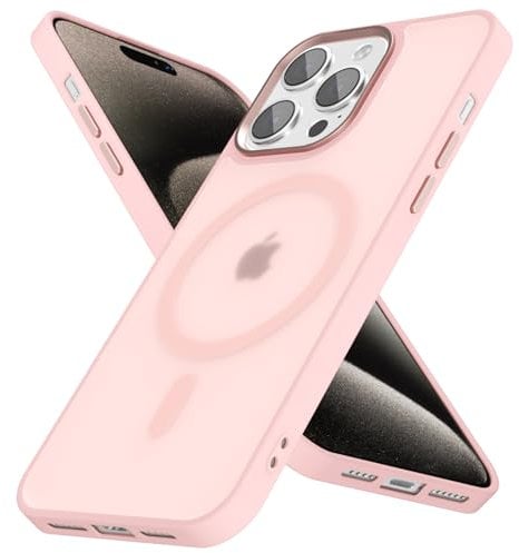 oakxco Magnetic Case for iPhone 15 Pro Max Phone Case Compatible with Magsafe, Slim Thin Clear Hard Shell Plastic & Silicone Rubber Bumper, Transparent Cute Mag Safe Cover for Women Girls, Light Pink