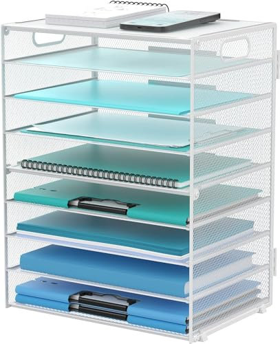 SUPTIDY 9-stöckiger Schreibtisch Organizer mit Griffen Papier-Briefablage Dokumentenablage Netz-Aktenhalter Büro Organizer Papiersortierer, Weiß