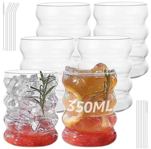 FWEEK 6er Set Gerippte Gläser Set, Bubble Gläser Set mit Glas Strohhalm, 350ml Gerippte Trinkgläser mit Glasstrohhalme, Tumbler Glasbecher für Cocktail, Wasser, Soda