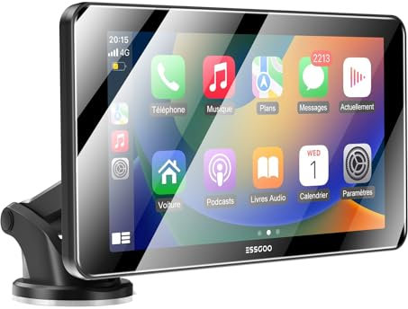 ESSGOO CarPlay Voiture 7 Pouces, Prend en Charge A-pple CarPlay sans Fil & Android Auto, Mirror Link, Appels Mains Libres Bluetooth, Siri & Assistant G-oogle – Adapté à Plusieurs Véhicules