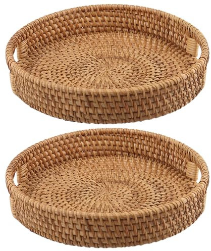 TAICHEUT 2 PCS 25cm Round Rattan Woven Serving Trays, 10 Inch Decorative Woven Tray with Handle,Coffee Table Trays for Snacks, Candy, Bread