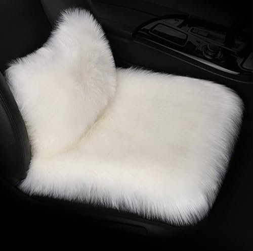 champracer Lammfell Sitzkissen Lendenkissen,Autositzbezug Lendenkissen, Auto Kunstfell Sitzauflage, Langes Winter Warme Sitzkissenbezug, Universell für Autositz, Bürostuhl und meisten Stühle (weiß)