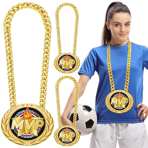 Equsion 3 Sets Greatest of All Time Umsatzkette Medaille 15,2 cm Big Gold MVP Champ Goat Medal Halskette Award MVP Goat Champion Kette für Goat Football Champion Chain League Awards Sports Achievement