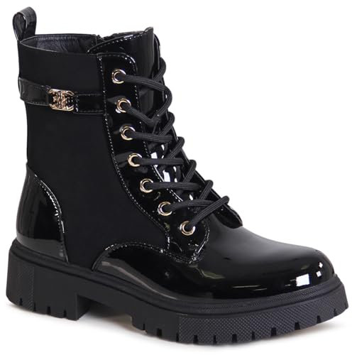 topschuhe24 3119 Damen Lack Stiefeletten Worker Biker Boots, Farbe:Schwarz, Größe:40 EU