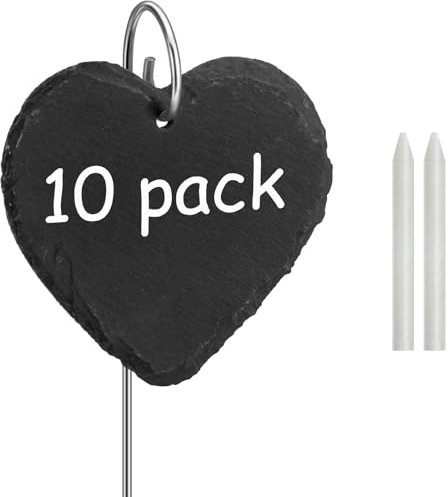 Poeland Schiefer-Pflanzschilder | Witterungsbeständig, Wiederverwendbar | 10er Set Schilder aus Schiefer mit Metallstab Herz
