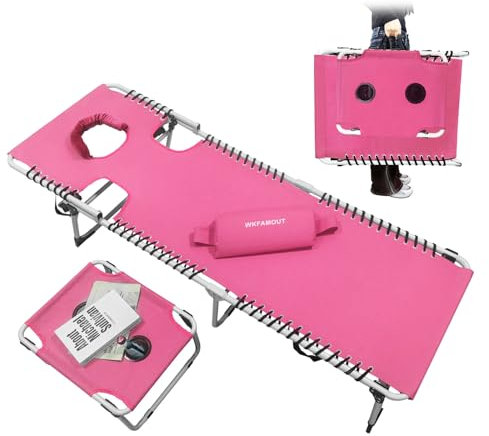 WKFAMOUT Sonnenliege Klappbar mit Loch für Gesicht und Arme 5-Stufig Verstellbarer Rückenlehne Strandliege Campingliege Gartenliege Relaxliege mit Klapptisch Kissen 190x59CM Rosa
