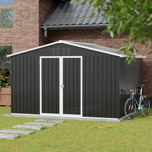 Amopatio Metal Garden Storage Shed 10x10 ft, Outdoor Tool Storage Shed 300x312x202 cm, BikeShed Waterproof with Lockable Door for Backyard, Patio, Garbage Bin, Tools, Black