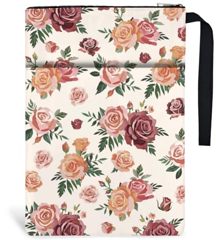Hobbspring 1 Stück Buchumschläge Mit Vintage Rosen 34x24cm Polyester Buchhüllen Buchschutzhüllen Mit Reißverschluss Und Vordertasche Geburtstagsgeschenk Für Schüler Lehrer Und Leseliebhaber