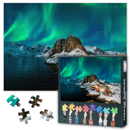 1000 Teile Puzzle Premium Motiv | Norwegische Polarlichter über Fischerdorf Hamnoy & Arktischer Himmel | Skandinavische Landschaftskunst | Herausforderndes Papierpuzzle für Erwachsene