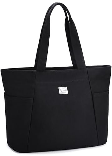 VASCHY Tote Bag Grande Ligera de Tela, Bolso Universidad Mujer Resistente con Múltiples Bolsillos para Oficina Colegio Trabajo Profesor Viaje Gimnasio, Negro