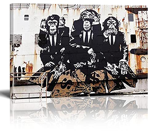 18meng Art Banksy Bild Auf Leinwand 120x70 cm Banksy Drei Affen 1 tlg Modern Wandbilder Leinwandbild Kunstdruck Wanddeko Bilder Canvas Design For Wohnzimmer Schlafzimmer Wanddeko Aufhängefertig