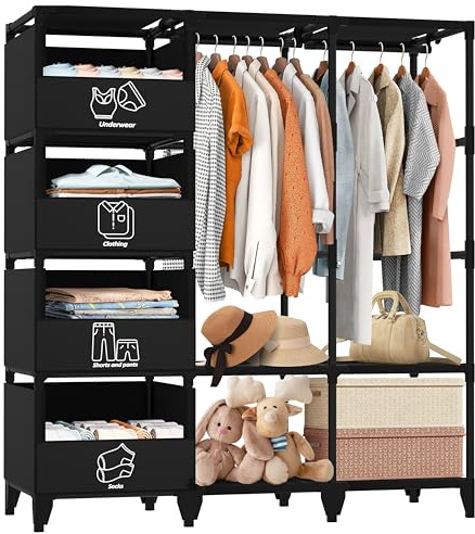 Jofuler Portable Closet, Easy Assembly, Large Capacity Wardrobe Closet, Sturdy and Stable Clothes Rack with Shelves 4 Storage Baskets and 2 Hanging Rods, for Bedroom and Cloakroom Black