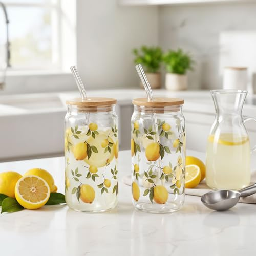 levandeo 2er Set Trinkglas 500ml Zitronen Strohhalm Bambusdeckel Trinkbecher Sommerglas Glasbecher Citrus