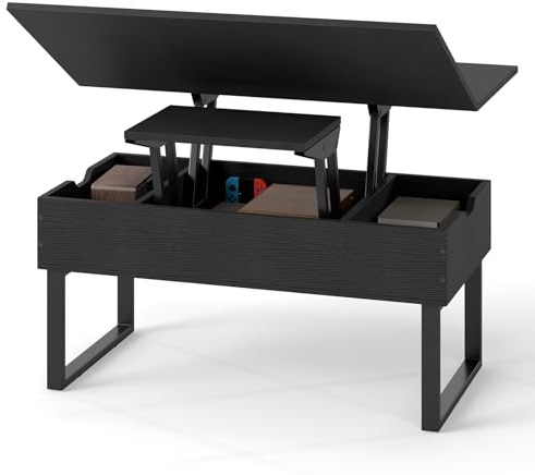 COSTWAY Lift Up Top Coffee Table, 3-in-1 Convertible Wooden Cocktail Center Table with 3 Hidden Storage Compartments, Rectangle Accent Sofa Side Dining Table for Living Room Office Small Space (Black)