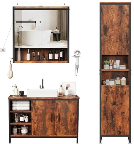 ELUCHANG Badmöbel Set 3,Waschbeckenunterschrank und Spiegelschrank Bad mit Beleuchtung und Hochschrank,Verstellbare Ablage Badezimmerschrank Badezimmer,Vintage+schwarz