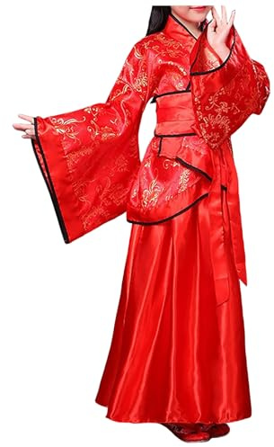 Costume Traditionnel Chinois pour Fille Costumes Accessoires avec Jupe Tenue de Fête pour Cosplay Enfants Ensemble Traditionnel Chinois Fille Robe Peignoir Enfants Déguisements (Red, 13-14 Years)