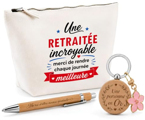 Cadeau Une Retraitée Incroyable | Coffret Trousse, Stylo & Porte-clés Remerciement Femme