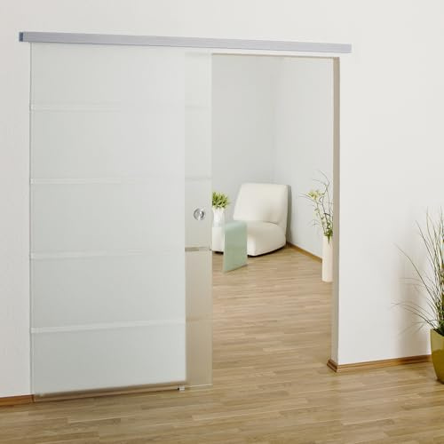 BIJON Glasschiebetür Komplettset aus 8mm ESG Glas | Glastür Schiebetür mit Muschelgriff und 15mm Wandabstand, Teilsatiniert - SO6 DIN Rechts - 900x2050 mm
