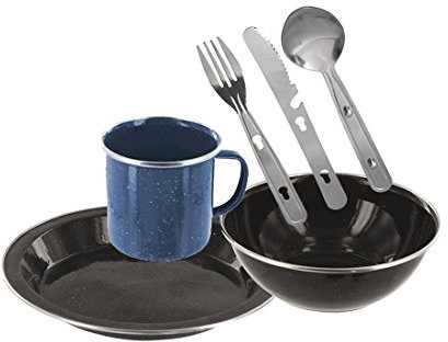 Enamel Camping Eating Set - Includes Knife, Fork, Spoon Set, Plate, Mug & Bowl (Green)