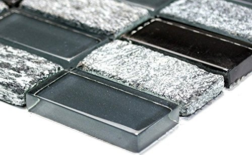 Mosaik Rechteck Crystal/Stein mix grau/schwarz Glas Naturstein Fliesenspiegel, Mosaikstein Format: 25x50x8 mm, Bogengröße: 310x322 mm, 1 Bogen/Matte