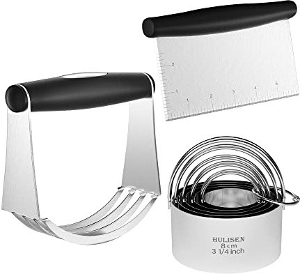 HULISEN Stainless Steel Biscuit Cutter Set, Pastry Scraper and Dough Blender, Sturdy & Long-Lasting with Ergonomic Rubber Grip, Professional Baking Dough Tools, Gift Package (3 Pcs/Set)