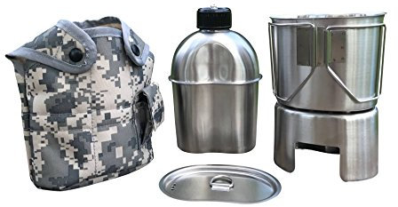 Jolmo Lander Militaire Bouteille d'eau en Acier Inoxydable Camping Quart armée, Gourde en Acier Inoxydable 1.2L + Quart 0.8L +poêle + Housse