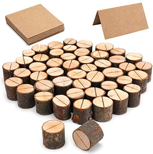 Tosnail Lot de 50 porte-marque-places en bois rustique avec 50 cartes en papier kraft pour numéro de table, support photo pour décoration de fête de mariage, affichage photo