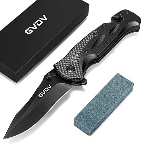 GVDV Couteau de Poche Pliant de Survie avec Brise Vitre - en Acier Inoxydable 7Cr17, Couteau de Chasse Pliable avec Lame Revêtue de Titane, Blocage de Sécurité, Boucle de Ceinture
