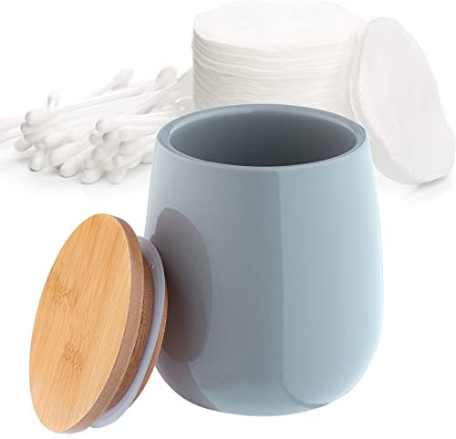 KADAX Gobelet brosse à dent en céramique, Porte Brosse à Dents avec couvercle en bambou, Boîte de rangement pour coton, pot de brosse à dents ronde (gris)