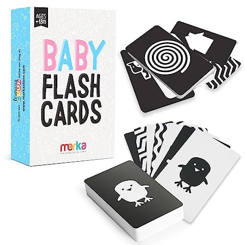 Merka Newborn Toys - Black & White High Contrast Toys for Newborns - Set of 50 Flash Cards for Visual Stimulation & Brain/Sensory Development