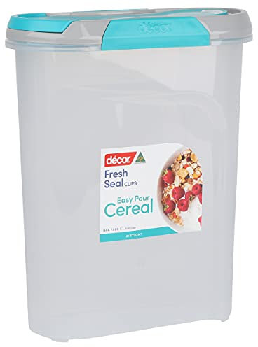 Décor Silicone Plastic Cereal Storage Dispenser Large Airtight Container with Fresh Seal Clips , 5L Capacity, Blue
