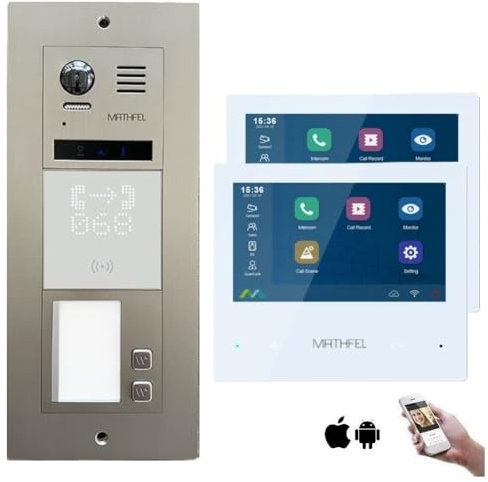 MATHFEL 2-Draht-Bus WLAN Video-Türsprechanlage mit RFID Lesergerät - Komplettes Set für 2 Familienhaus mit 2X 7-Zoll-Monitoren