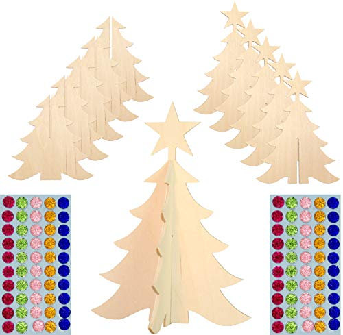 Herr Bo & Co 5 Stück 3D Weihnachtsbaum mit Stern inkl. 100 selbstkelbenden Glitzersteinen, ca. 18cm, zum Zusammenstecken, aus unbehandeltem 3mm Birkensperrholz, FSC-Zertifiziert, Made in Germany
