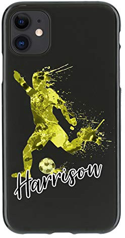 Personalised Phone Case For Apple iPhone 16, 15, 14,13, 12, 11, Pro Max, Mini, XR, XS, SE Yellow Marble Football Phone Case with Name on Soft Black Gel TPU Phone Cover