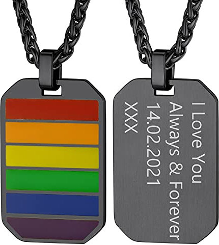 Mehrfarbig Regenbogen Homosexuell LGBT Gay & Lesbian Pride Anhänger mit Personalisierte Gravur Acht Schnittkanten Dog Tag Schwarz Edelstahl Anhänger 55cm + 5cm Verlängerungskette Halskette
