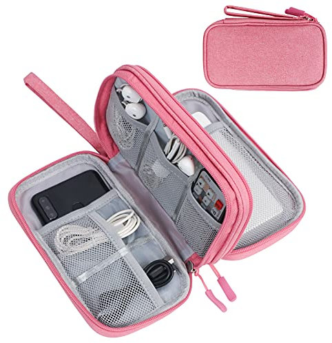 WWW Electronics Accessories Organiser Bag,Travel Cable Organiser Bag,2-Layers Portable Waterproof Travel Gadget Bag for Cable,SD Cards,Charger,Power Bank,Pink,Small