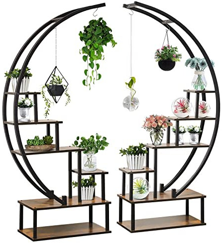 Elevens 6 Tier Metal Plant Stand, Muti-Purpose Plant Shelf with Hanging Loop Half Moon Shape Plant Stands Indoor Curved Display Shelf for Balcony, Patio, Garden and Home Decoration Pack of 2 (Oak)