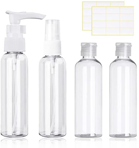 Juego de 4 botellas de viaje transparentes de 100 ml, botellas de aerosol, recipientes de líquido recargables para loción, gel de baño, champú con 2 etiquetas