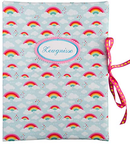 bettina bruder - Zeugnismappe DIN A4 - innen 30 Sichthüllen - Regenbogen Wolken Punkte türkis bunt