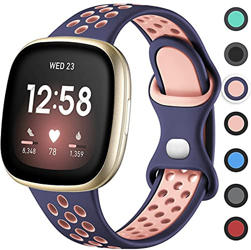 Upeak Sportarmband Kompatibel mit Fitbit Versa 3 Armband/Versa 4 Armband/Fitbit Sense Armband/Sense 2 Armband, Atmungsaktiv Silikon Doppelloch Schnappschnalle Ersatzband, Groß, Blau/Rosa