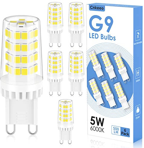 Cnkeeo Bombilla LED G9, 5W 6000K 500LM G9 LED Protección de los Ojos, Ángulo de Haz de 360º Sin Rincones Oscuros, No Regulable 6PCs (Blanco Frío)
