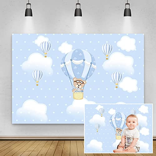 Renaiss 2.2x1.5m Oso de Dibujos Animados Azul Baby Shower telón de Fondo Globo aerostático Cielo Nubes fotografía Fondo niños niño cumpleaños Fiesta decoración Pastel Mesa Banner Foto Estudio Props