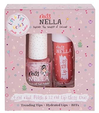 Miss Nella Pink Secret Lips & Tips duo- duftender Lipgloss + glitzernder Nagellack für Kinder mit abziehbarer, wasserbasierter und geruchsfreier Formel
