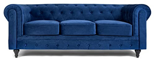 Bravich Velvet Chesterfield Sofa- Blue. 3 Seater Settee, Soft Plush Fabric Couch. Living Room Furniture, Easy Clean. 3 Seater- 209cm x 90cm x 78cm