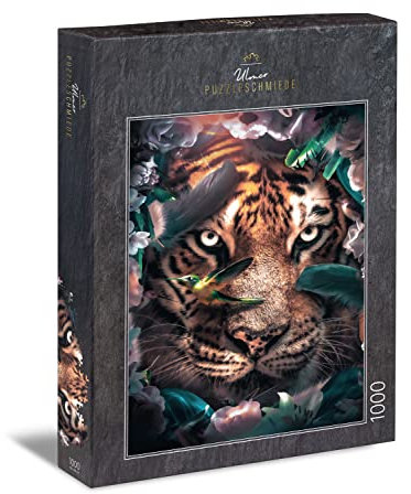 Ulmer Puzzleschmiede - Puzzle „Häuptlingsschmuck“ - Besonderes Tiger-Puzzle mit 1000 Teilen - Majestätisches Portrait des Tiger, geschmückt mit grünen Federn - Raffiniertes Erwachsenenpuzzle