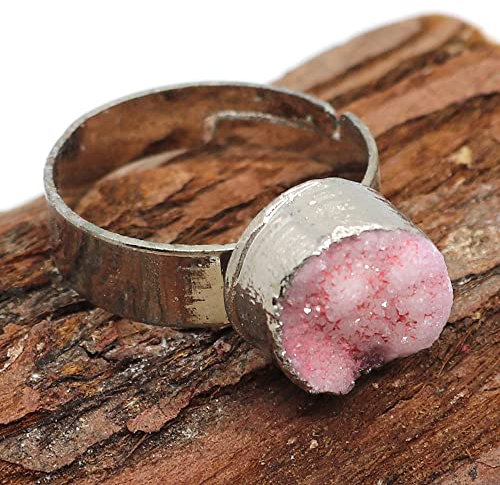 LODMLOER 10Mm Natural Stone Quartz Rings for Women - Adjustable Round Agate Inlaid Rings, Natural Stone Quartz Rings for Women Jewelry,Pink,Adjustable