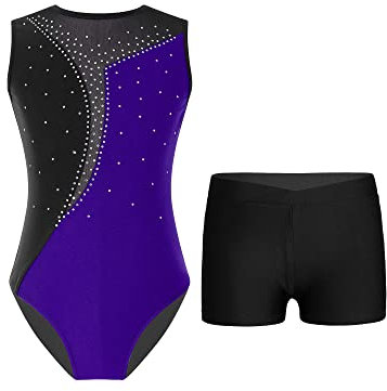 TTAO Kinder Mädchen Ärmellos Gymnastikanzug mit Strassstein Training Leotard mit Shorts Turn Set Gymnastik Training Dancewear Gymnastikbody Lila & Schwarz 134-140