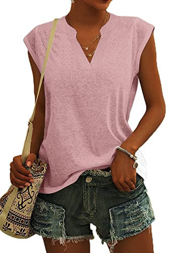 Cicy Bell Bluse Damen Elegant Ärmellose T-Shirt V Ausschnitt Cap Tops Shirt T-Shirts für Damen Sommer Hemden Oberteile Rosa M