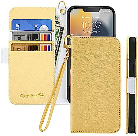 GEPAS Tiyoo Flip Phone Case for iPhone 7/8/SE, Premium Magnetic Wallet Case with Lychee Pattern Leather, Shockproof with Card Slots, Yellow