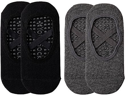 WeddHuis 2 Paar Yoga Socken für Damen rutschfeste, Grip-Socken mit Riemen Anti-Rutsch-Socken für Barre Fitness Pilates Ballett Tanz Barfuß-Training(Schwarz +Grau)